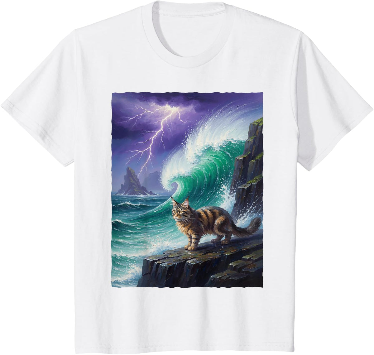 Fluffy Tabby Maine Coon Cat Ocean Waves Lightning Storm T-Shirt - White
