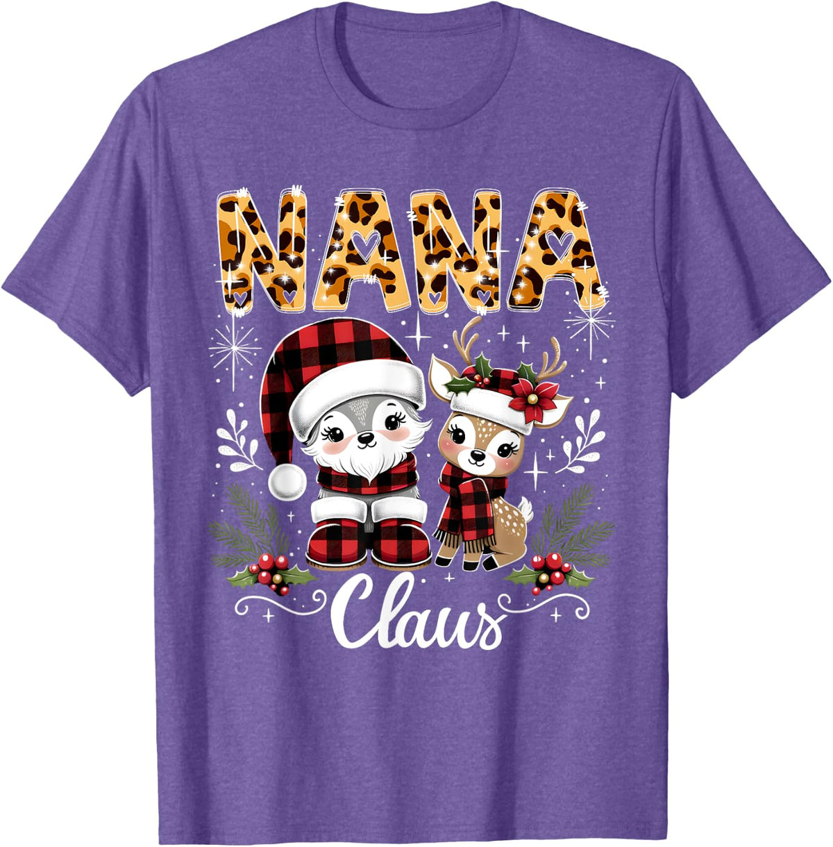 Christmas Nana Claus Grandma Leopard Buffalo Plaid Pjs Xmas T-Shirt - Purple Heather