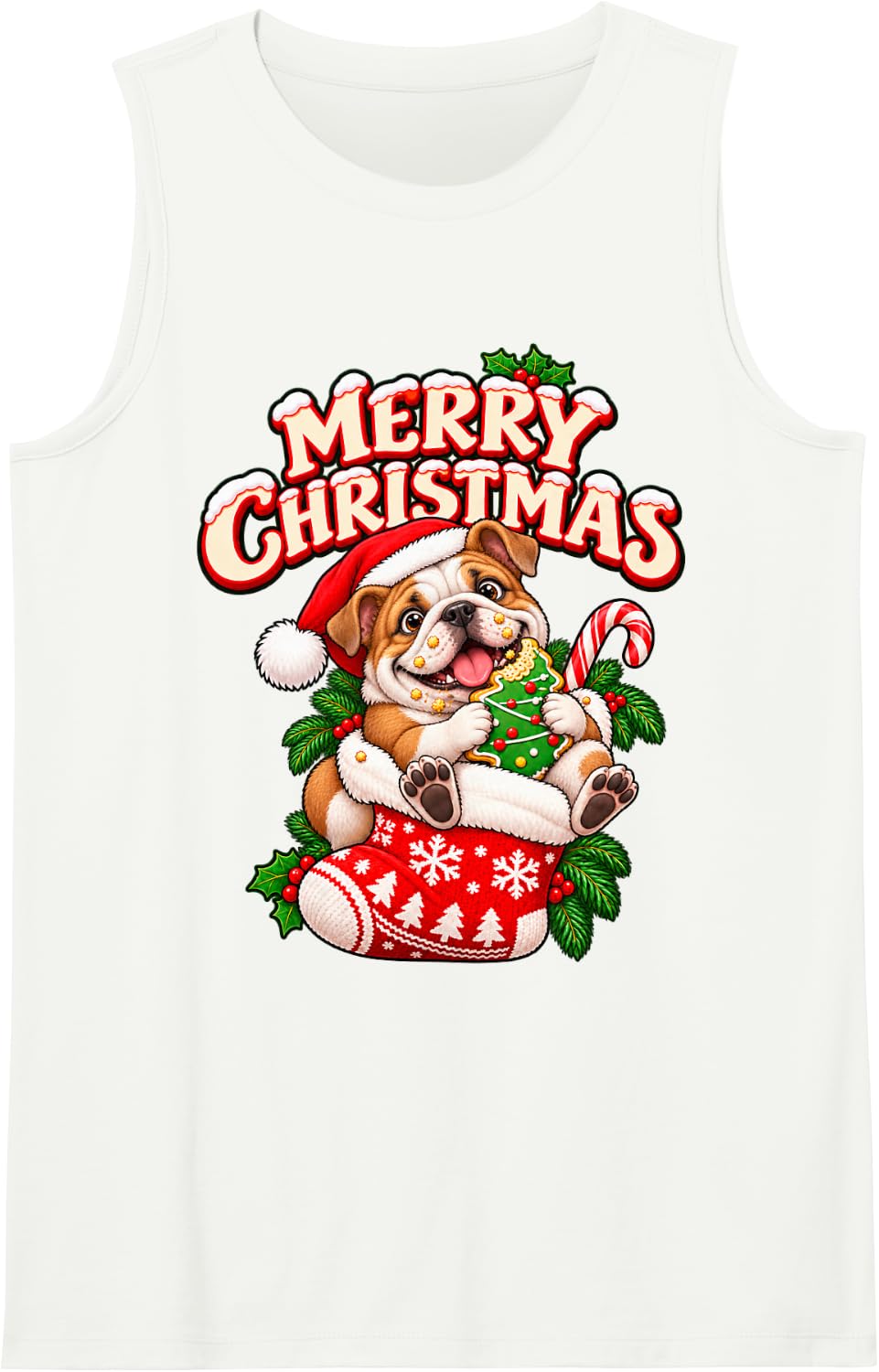 Merry Christmas Happy Bulldog Cute Stocking Funny Sleeveless Tank Top - White