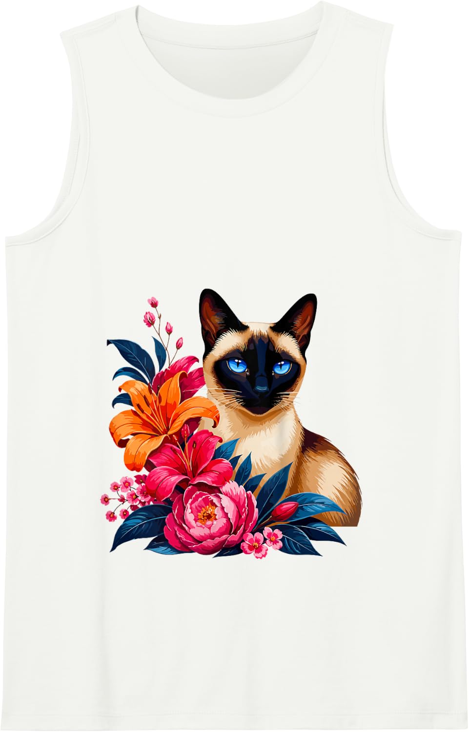 Siamese Cat with Colorful Floral Flowers Tank Top - White