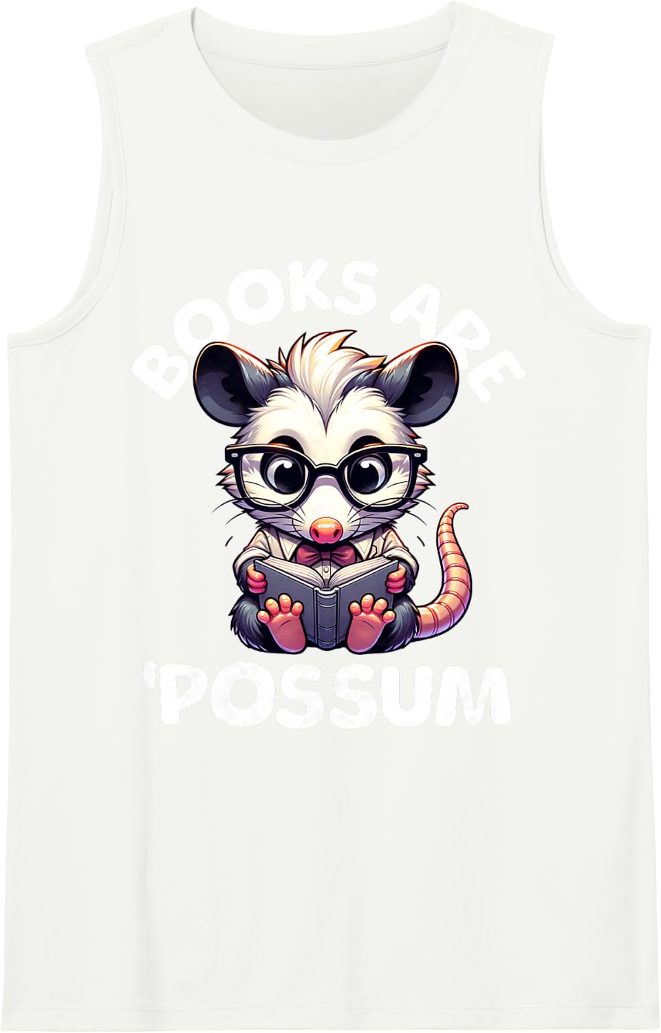 Books are Possum Funny Nerdy Opossum Reading a Book Teacher Sleeveless Tank Top - White