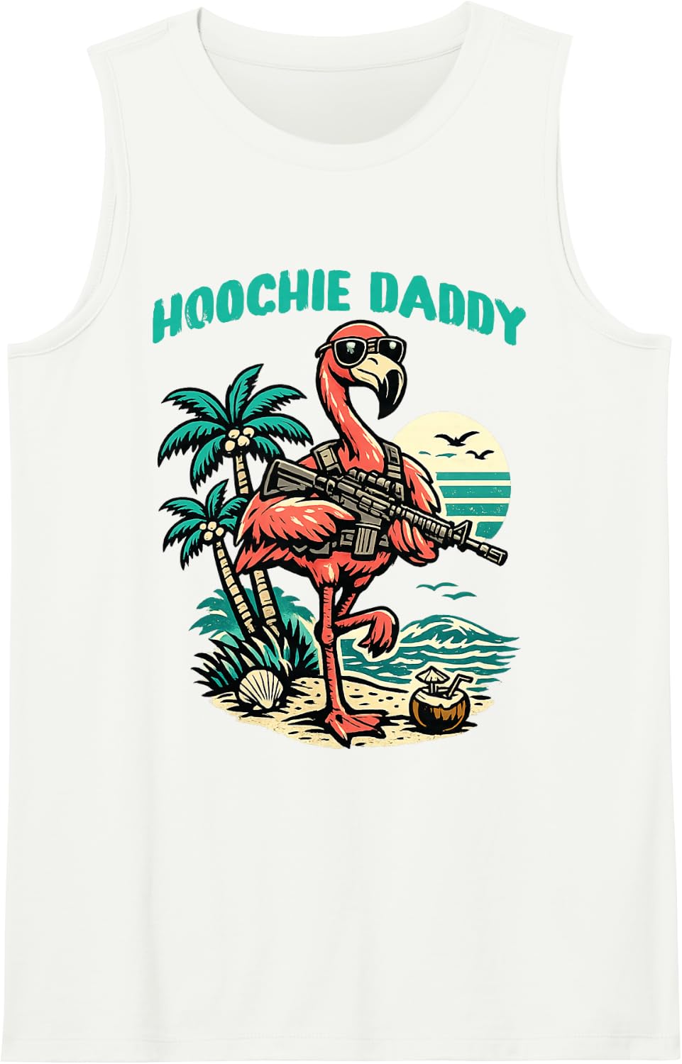 Hoochie Daddy Tropical Gun Tactical Gym & Fitness Flamingo Sleeveless Tank Top - White
