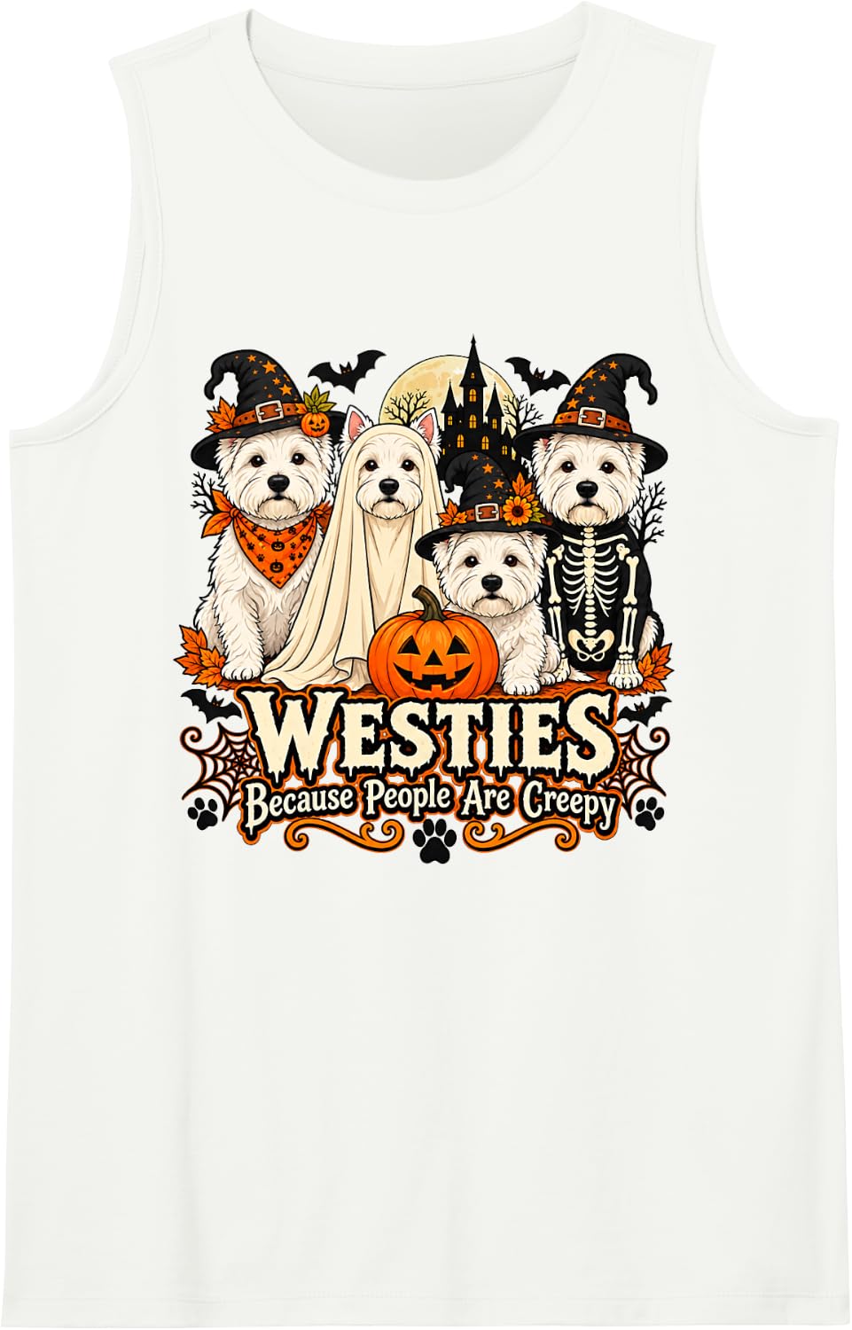 Westies Because People are Creepy Halloween Dog Costume Sleeveless Tank Top - White