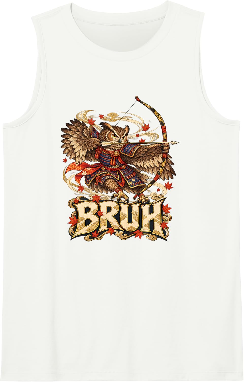 Owl Samurai Archer Japanese Warrior Action Artwork Sleeveless Tank Top - White