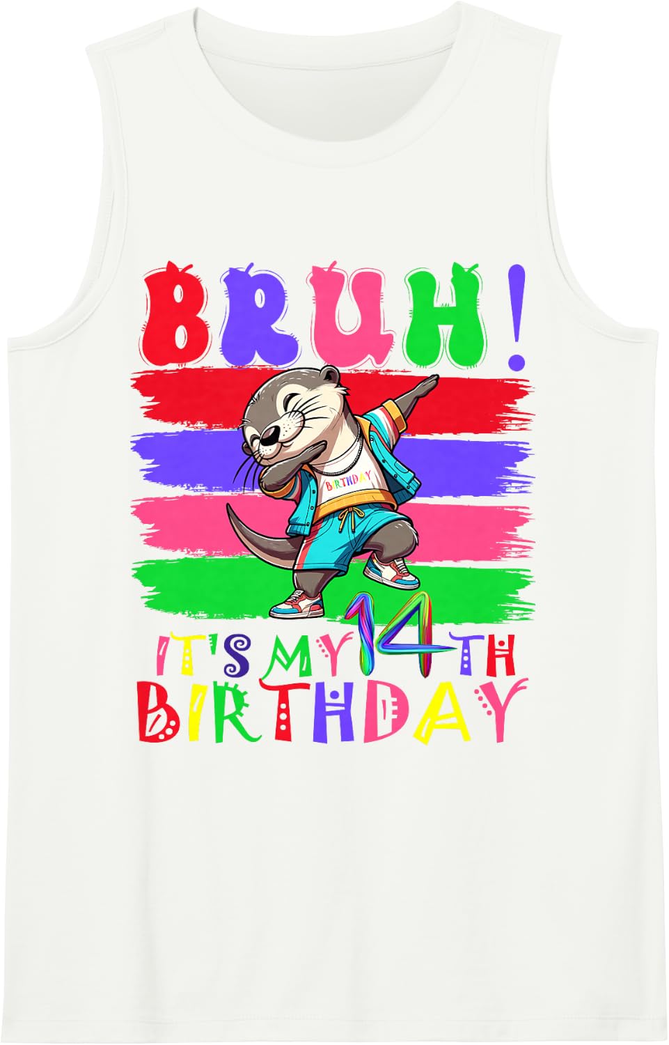 14 Year Old It's My 14th Birthday Otter Dabbing boy Girl Sleeveless Tank Top - White
