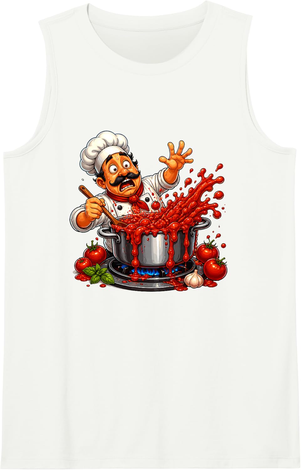 Crazy Kitchen Chef Tomato Sauce Explosion Tank Top - White