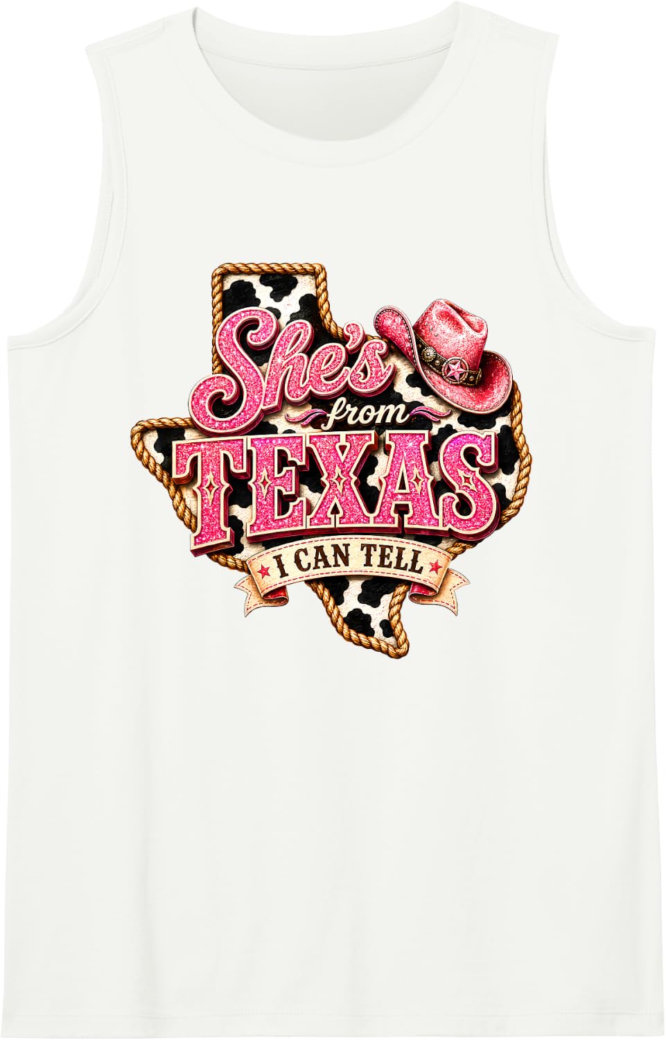 She's from Texas I Can Tell Dairy Cow Cowgirl Women Girls Sleeveless Tank Top - White