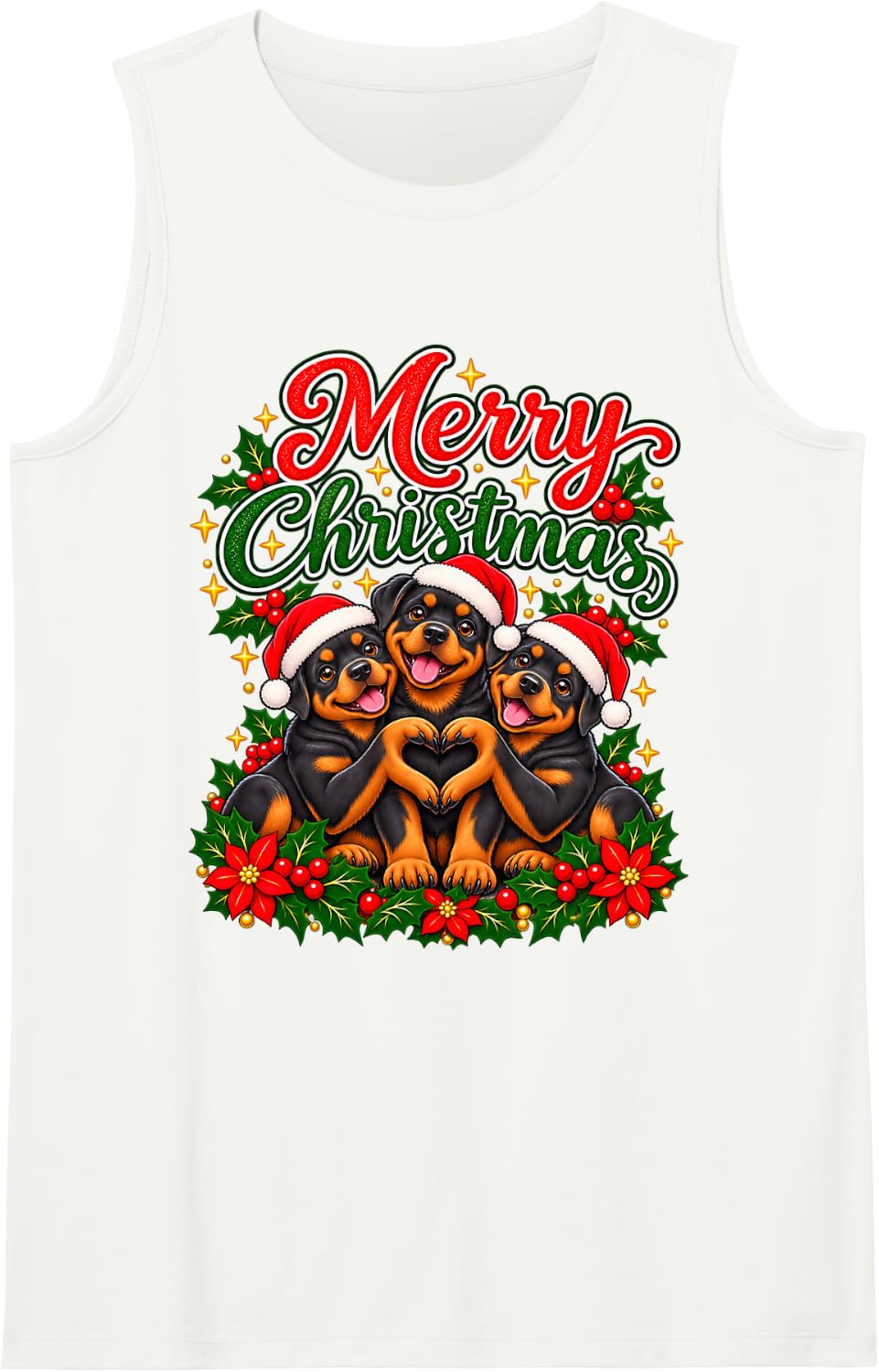 Merry Christmas Rottweiler Cheerful Holiday Heart Men Women Sleeveless Tank Top - White