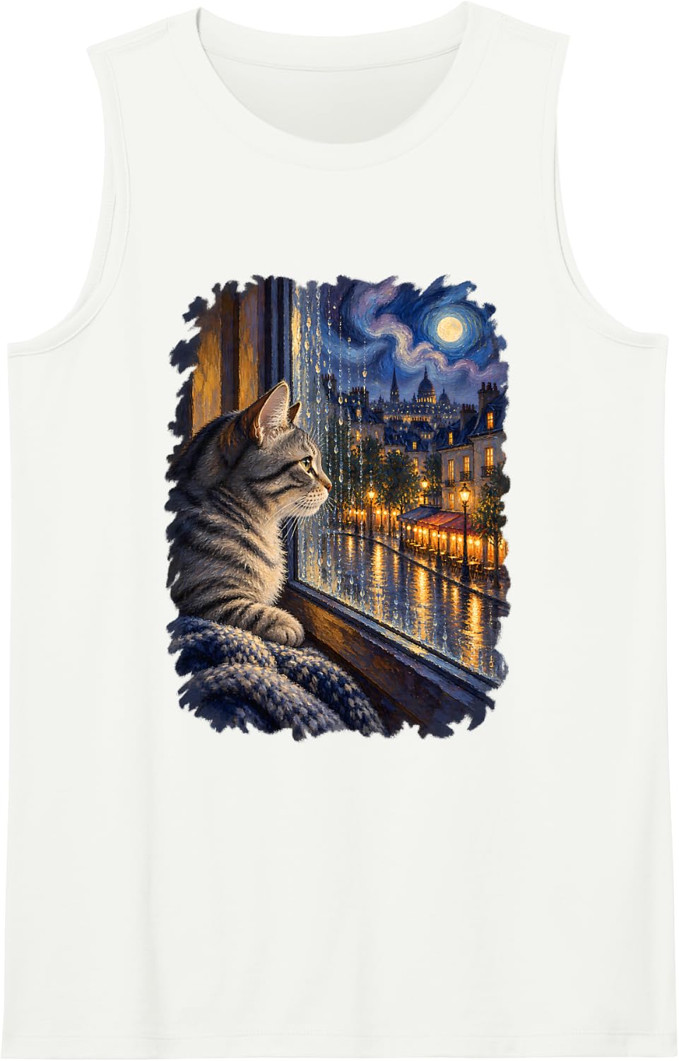 Tabby Cat Rainy Window Van Gogh Inspired Starry Night City Sleeveless Tank Top - White