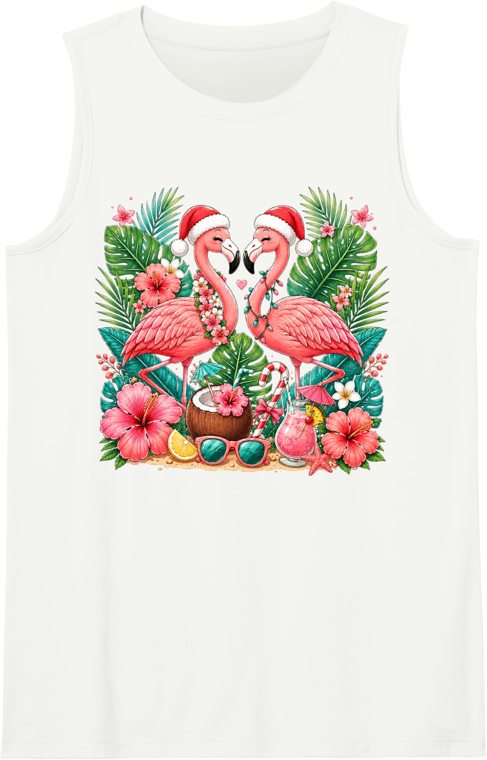 Christmas Flamingo Pair Tropical Flowers and Holiday Hats Sleeveless Tank Top - White