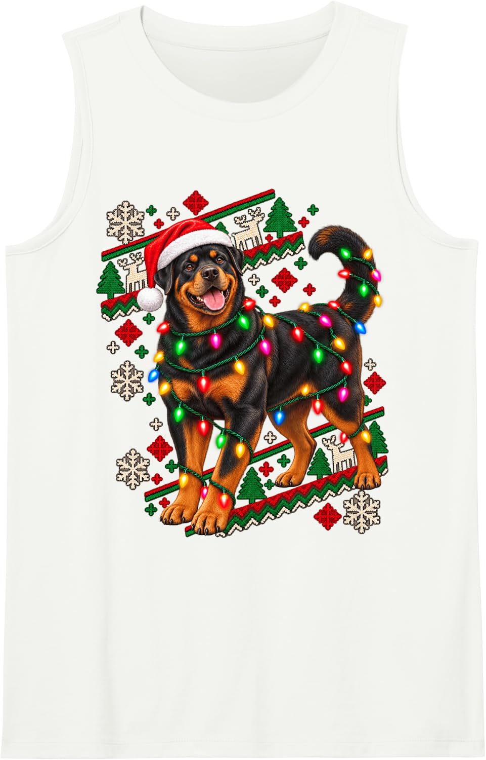 Christmas Lights Rottweiler Funny Holiday Design Sleeveless Tank Top - White