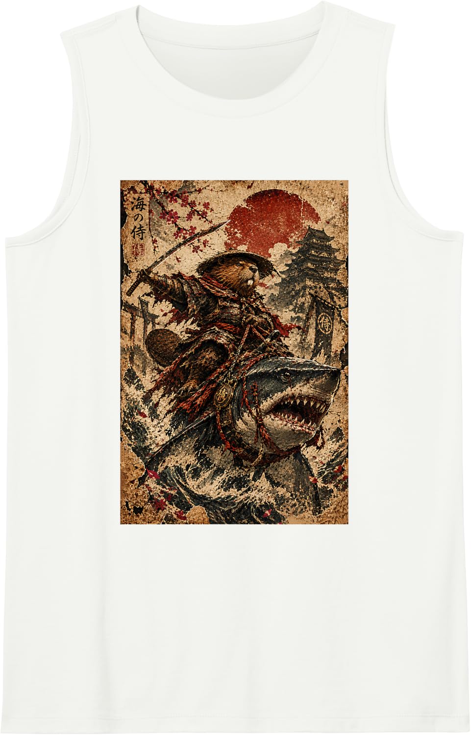 Funny Samurai Beaver Riding Shark Retro Japanese Aesthetic Sleeveless Tank Top - White