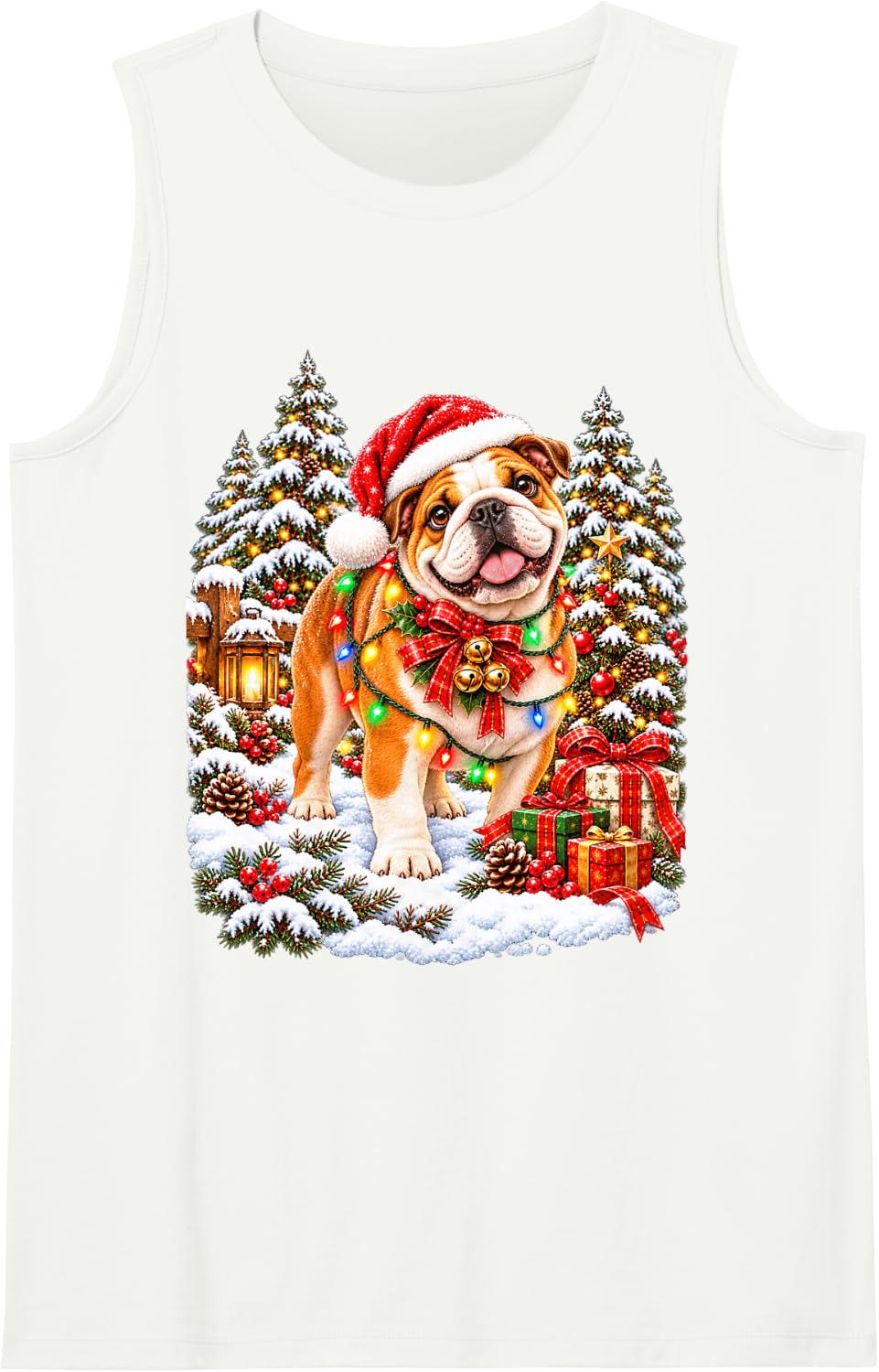 Festive Bulldog Christmas Santa Snow Scene Sleeveless Tank Top - White