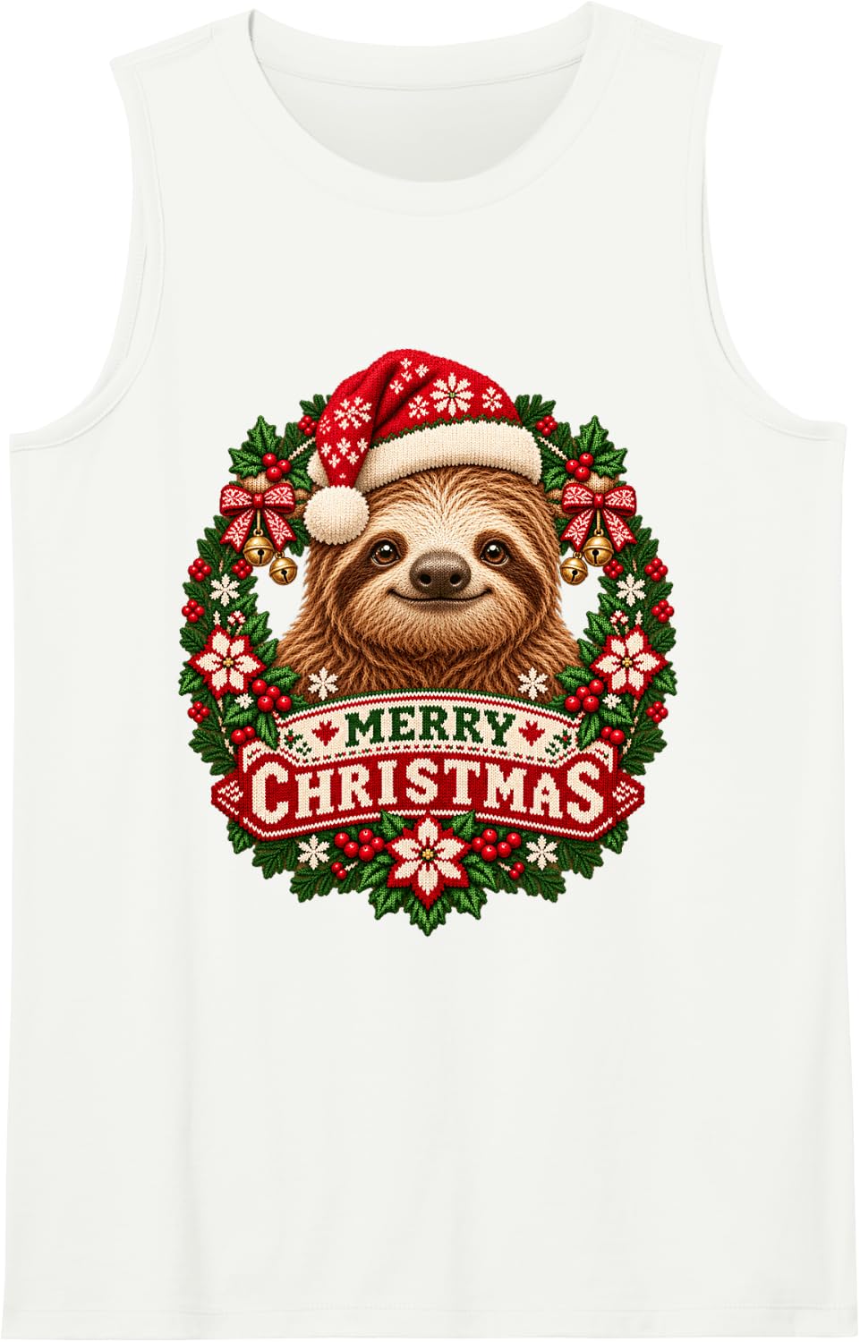 Merry Christmas Sloth Happy Santa Hat Snowflake Sleeveless Tank Top - White