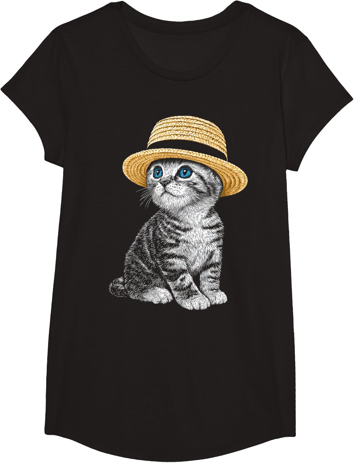 Cute Tabby Cat Blue Eyes Motif T-Shirt - Girls Black