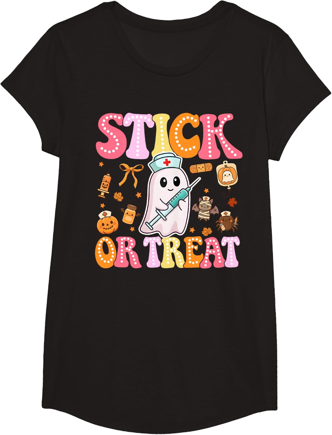 Funny Stick Or Treat Cute Nurse Ghost Halloween Crew Women T-Shirt - Girls Black