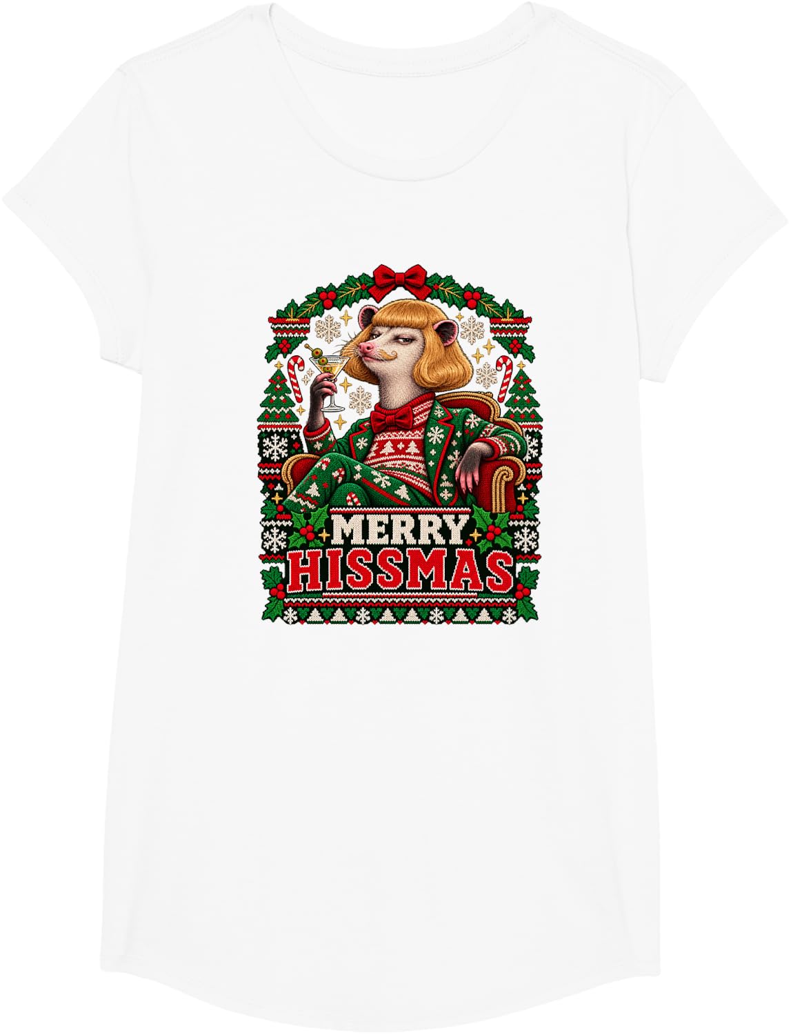 Funny Opossum Ugly Christmas - Merry Hissmas - Possum Humor T-Shirt - Girls White
