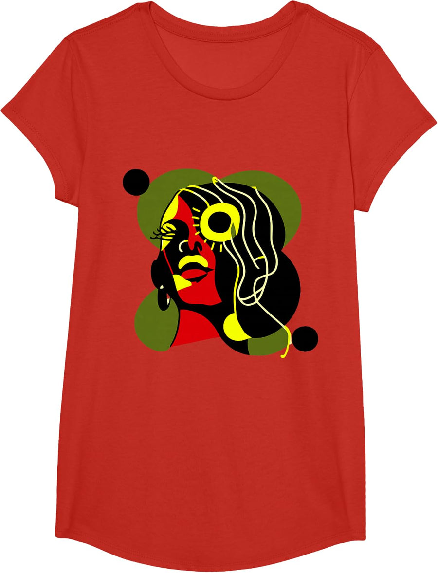 Black History Abstract Line Art African Woman Afro T-Shirt - Girls Red