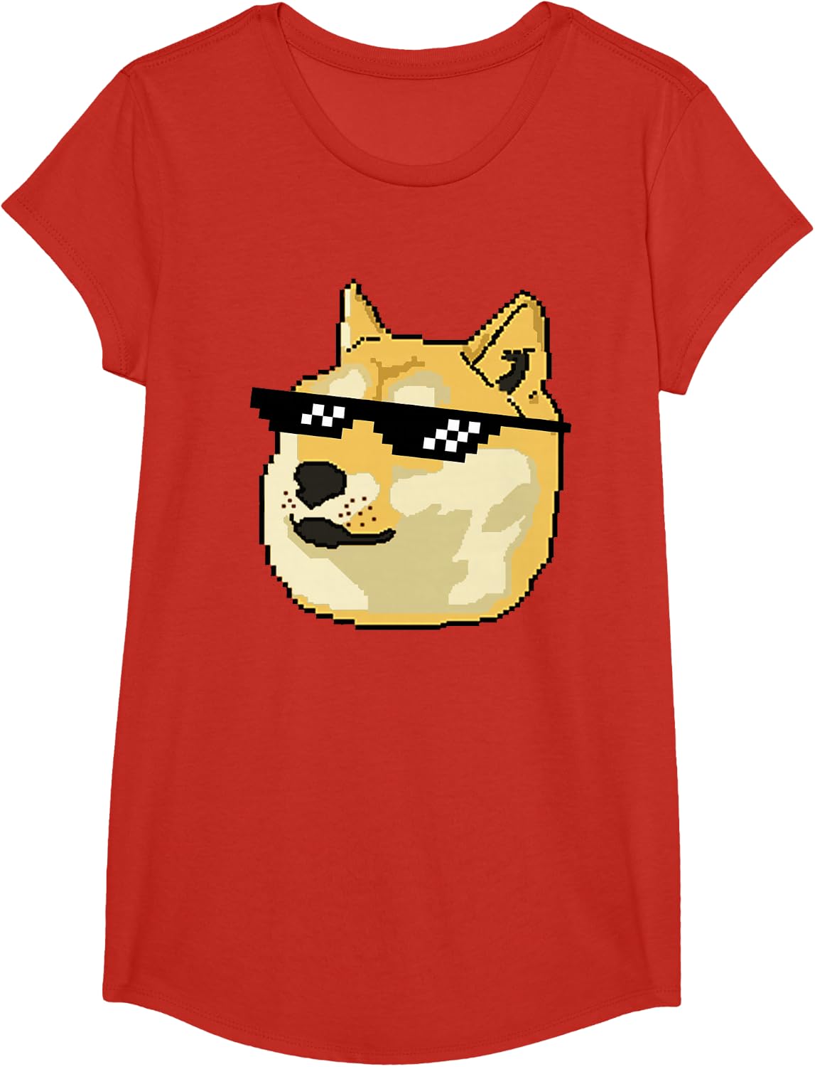 Doge Pixel Shiba Inu Deal With It Glasses Meme Art T-Shirt - Girls Red