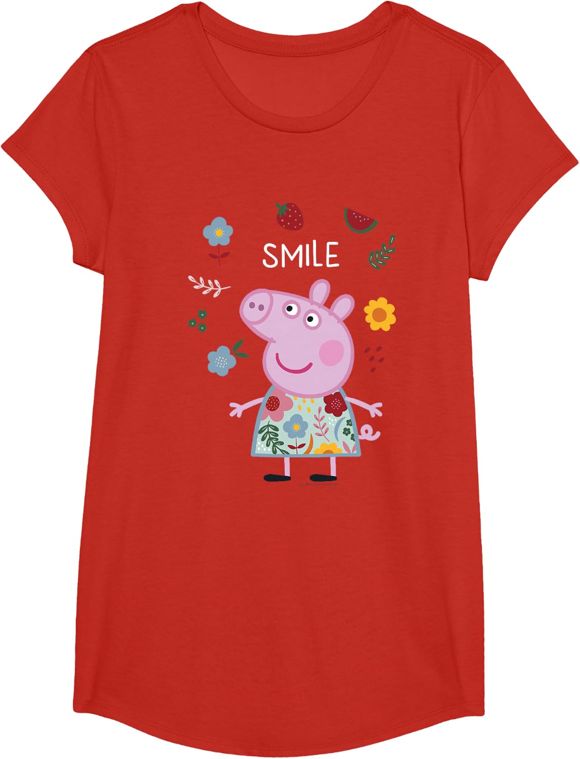 Peppa Pig Smile Cute Flowers & Fruit Full Body Portrait T-Shirt - Girls Red