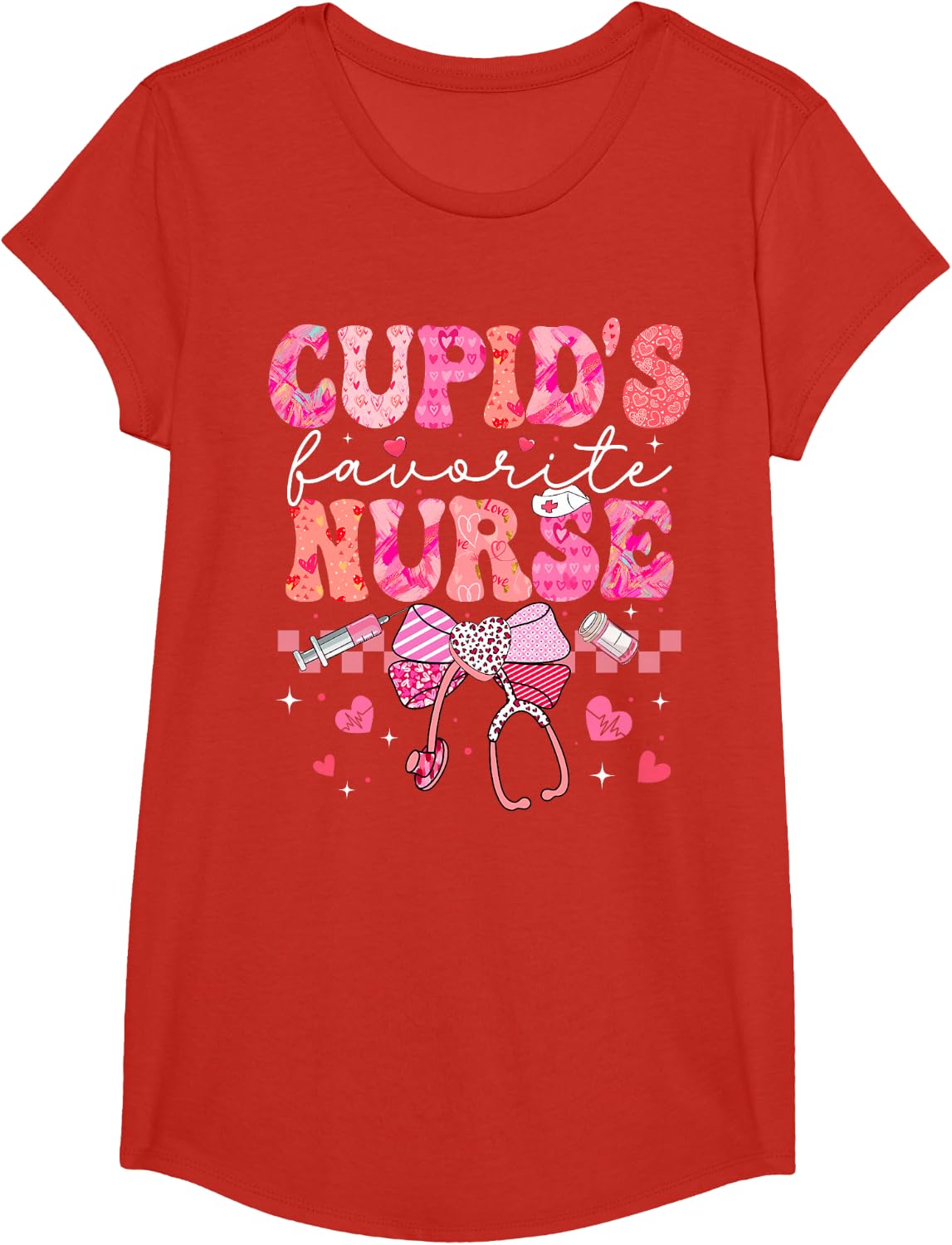 Valentines Day Cupid’s Favorite Nurse Heart Girl Women T-Shirt - Girls Red