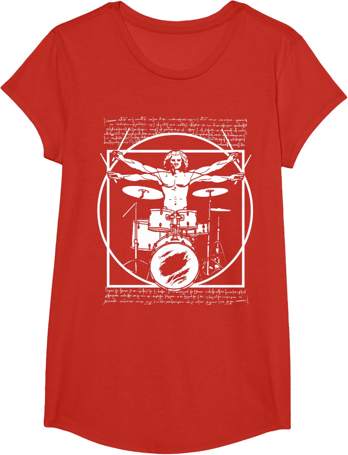 Da Vinci Vitruvian Man Drummer Drum Player T-Shirt - Girls Red