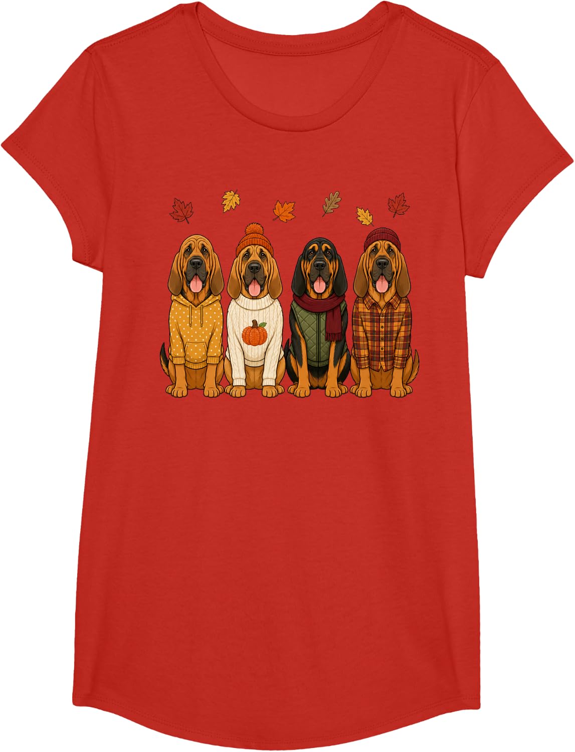 Bloodhound Fall Autumn Season Pumpkin Dog T-Shirt - Girls Red