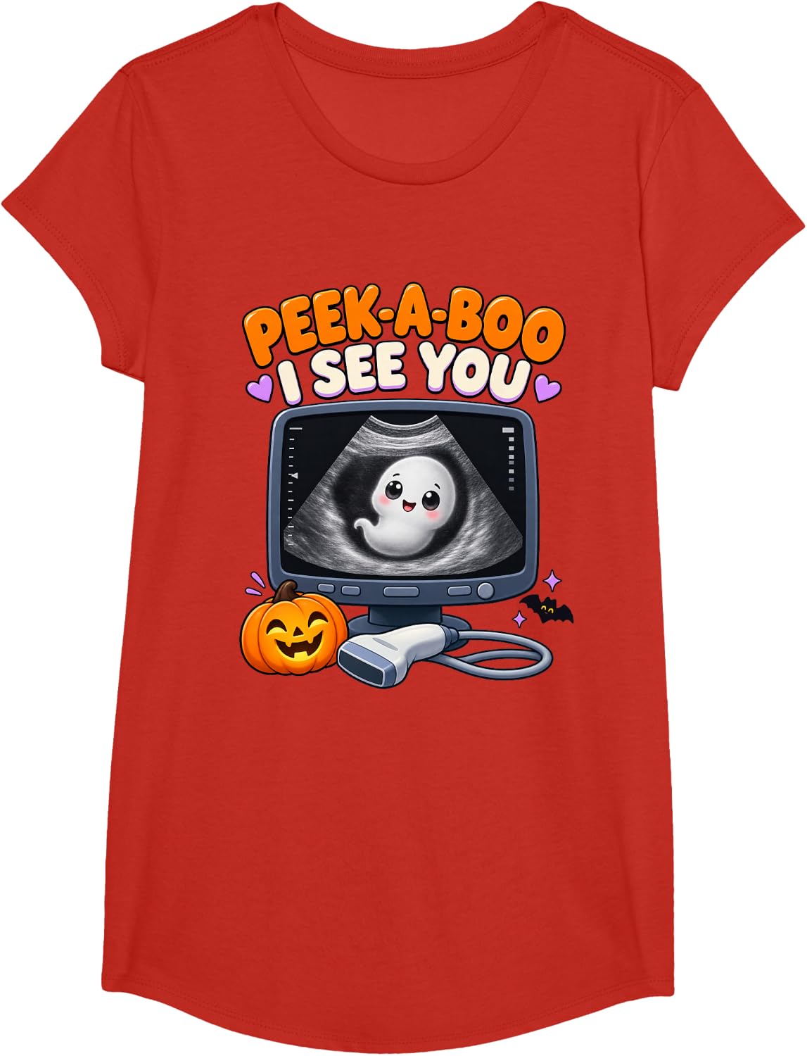 Sonographer Halloween Peek-A-Boo I See You Ultrasound T-Shirt - Girls Red