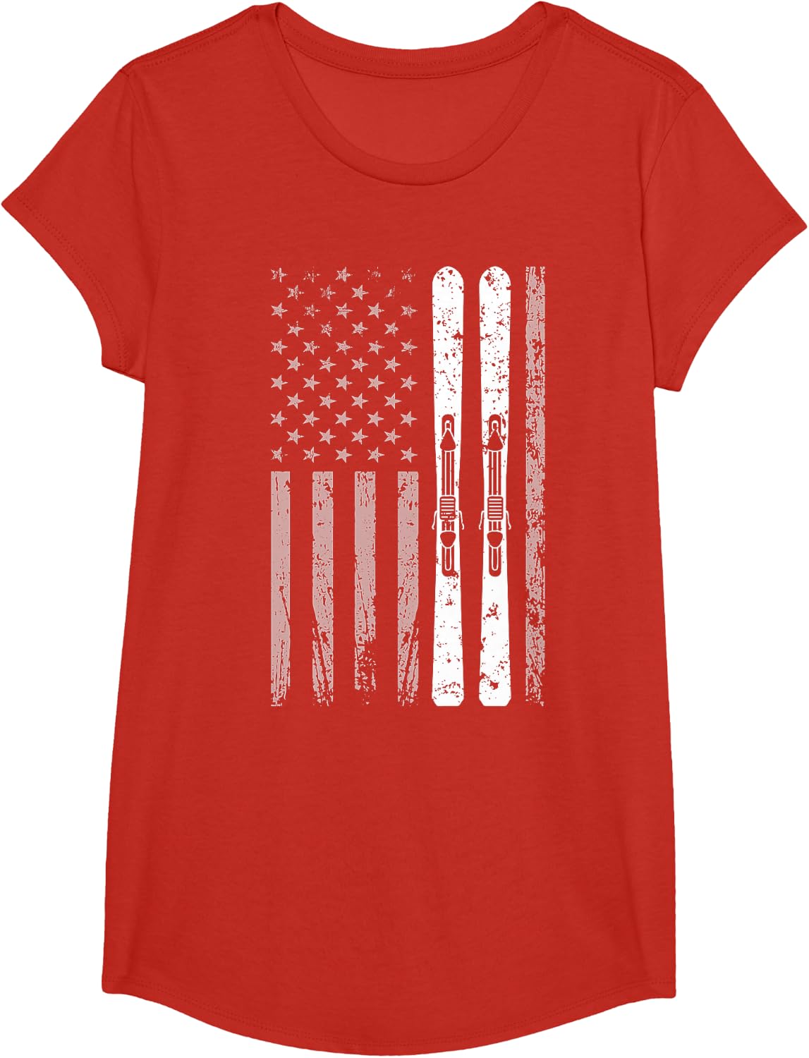 Downhill Ski Team 4th of July USA American Flag Skiing Skier T-Shirt - Girls Red