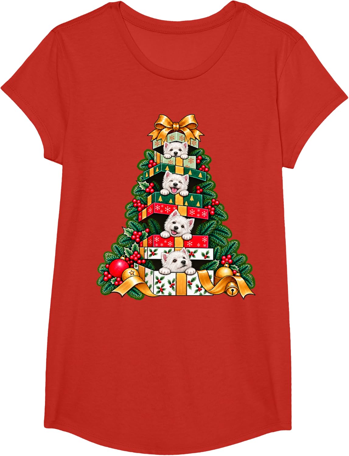 West Highland Terrier Stacked Wrapped Boxes Tree Surprise T-Shirt - Girls Red
