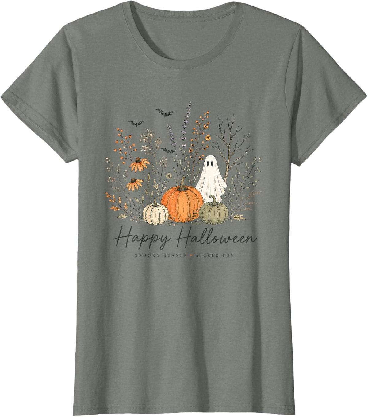 Pumpkins Ghost Spooky Season Floral Happy Halloween Women T-Shirt - Olive Heather