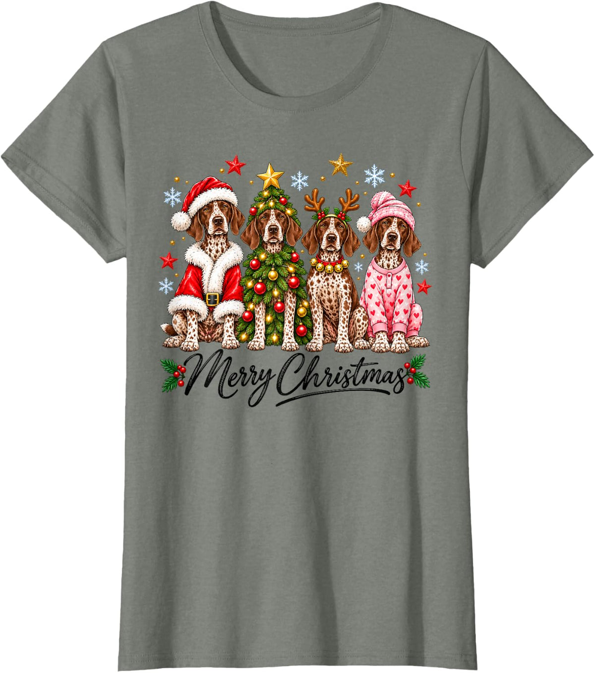 Merry Christmas German Shorthaired Pointer Santa Tree T-Shirt - Olive Heather