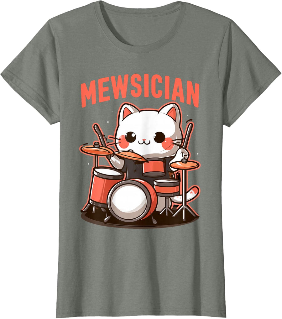 Mewsician Drummer Cat Cute Kawai Drums Musician T-Shirt - Olive Heather