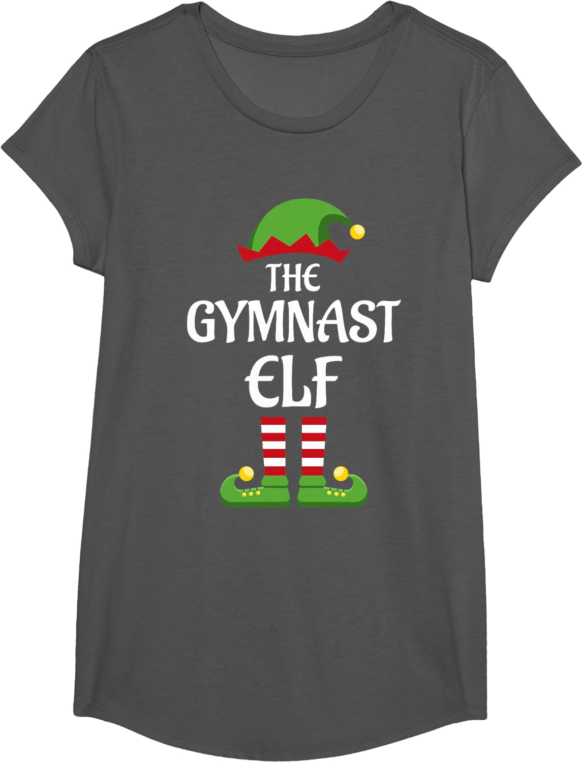 Gymnast Elf Family Matching Group Christmas Gymnastics T-Shirt - Girls Asphalt Grey