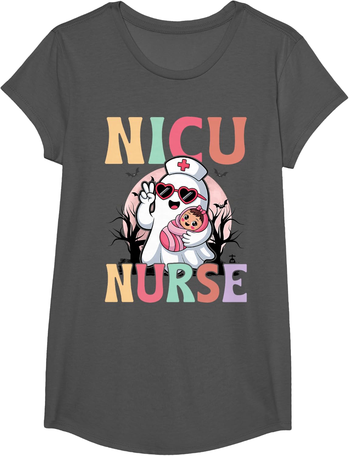 NICU Nurse Spooky Ghost Halloween Cute Nursing Costume T-Shirt - Girls Asphalt Grey