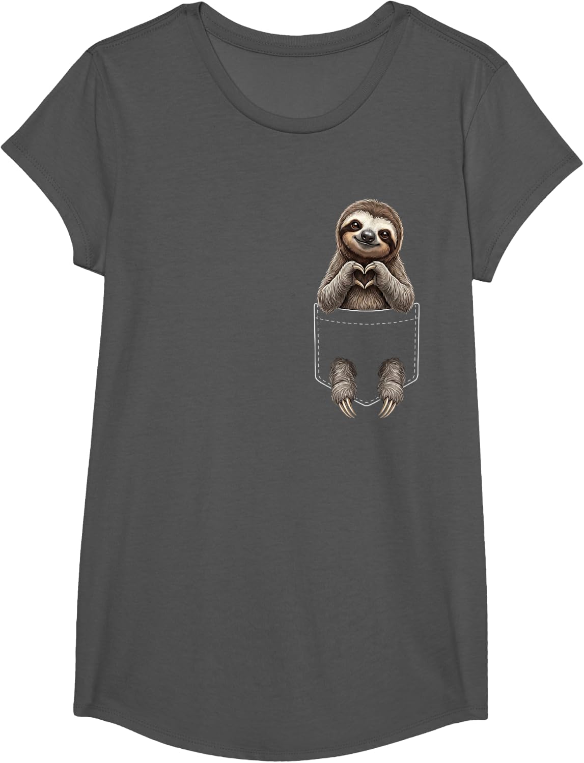 Sloth Pocket Heart Sign Wildlife Valentines T-Shirt - Girls Asphalt Grey