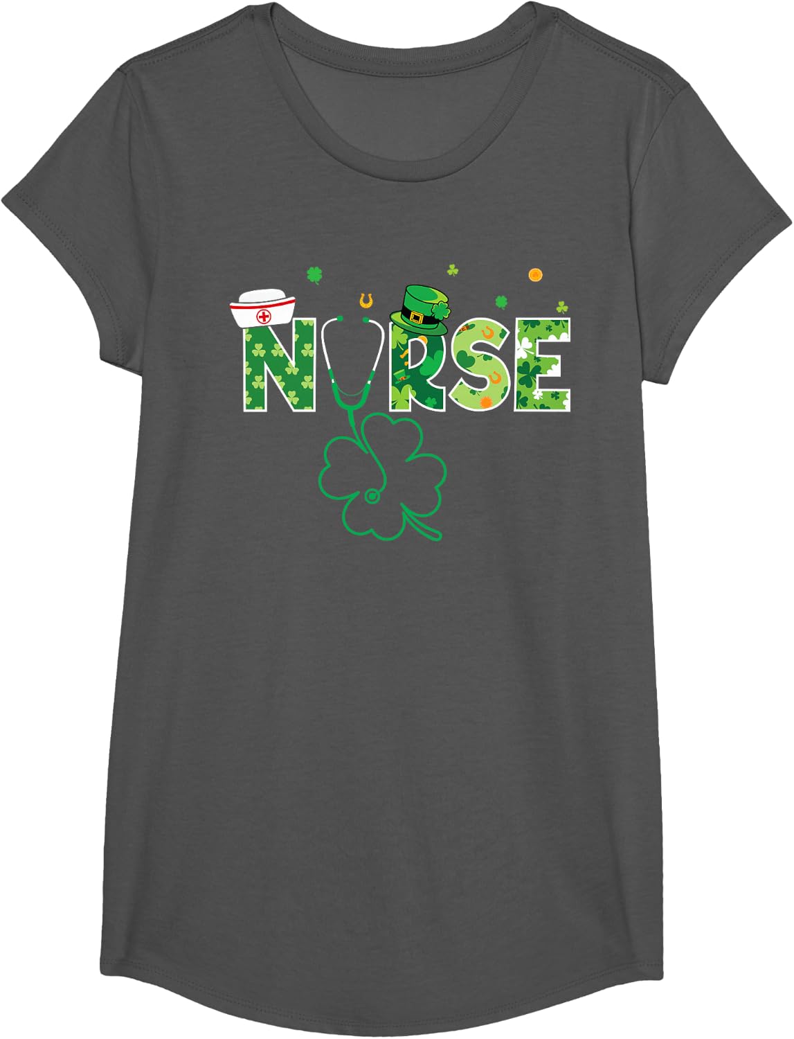 Nurse St Patrick's Day Lucky Shamrock Irish Women Girls T-Shirt - Girls Asphalt Grey