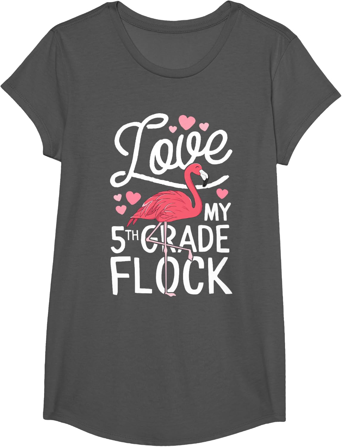 Love My 5th Grade Flock Flamingo Teacher Elementary Gift T-Shirt - Girls Asphalt Grey