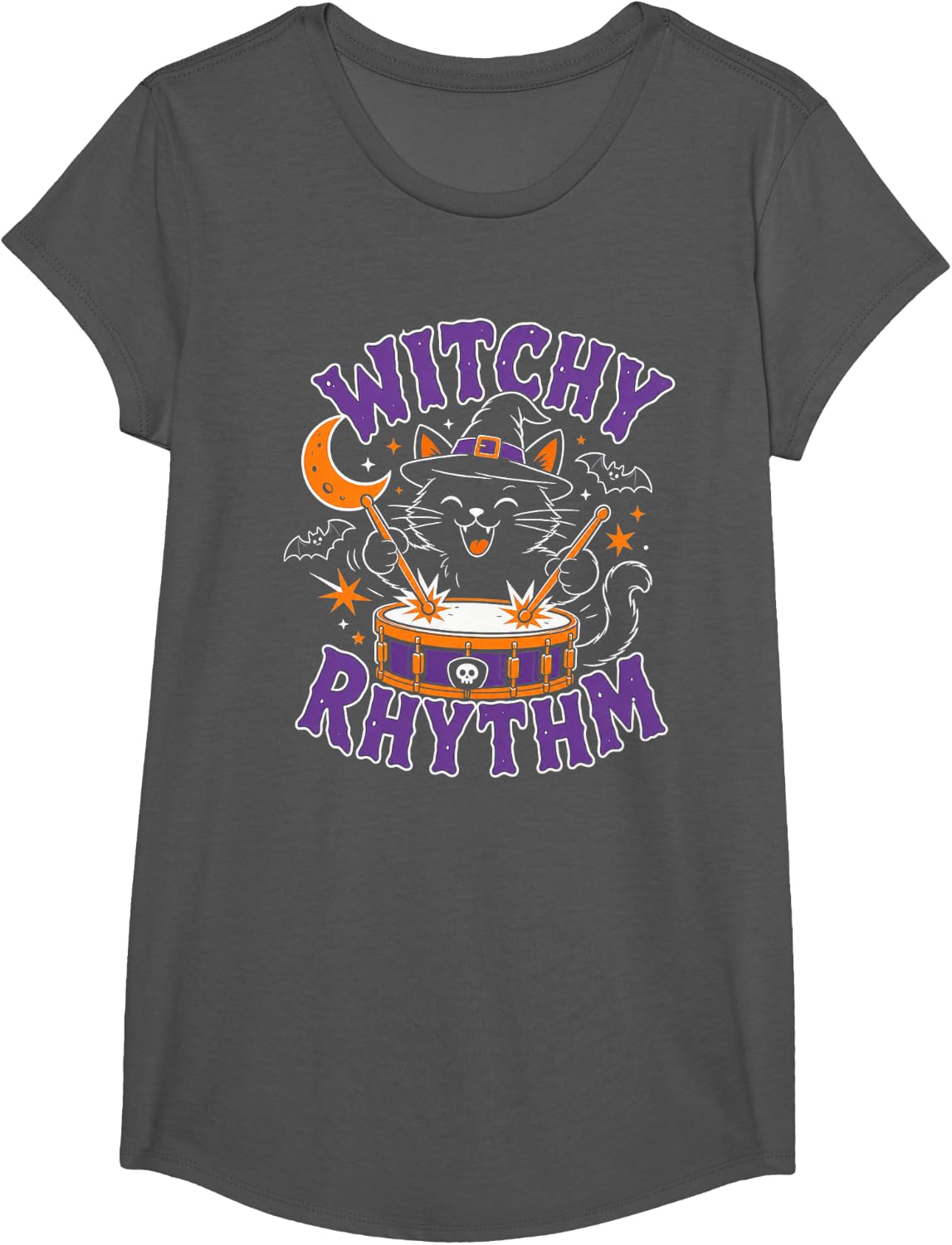 Halloween Drummer Witch Cat T-Shirt - Girls Asphalt Grey