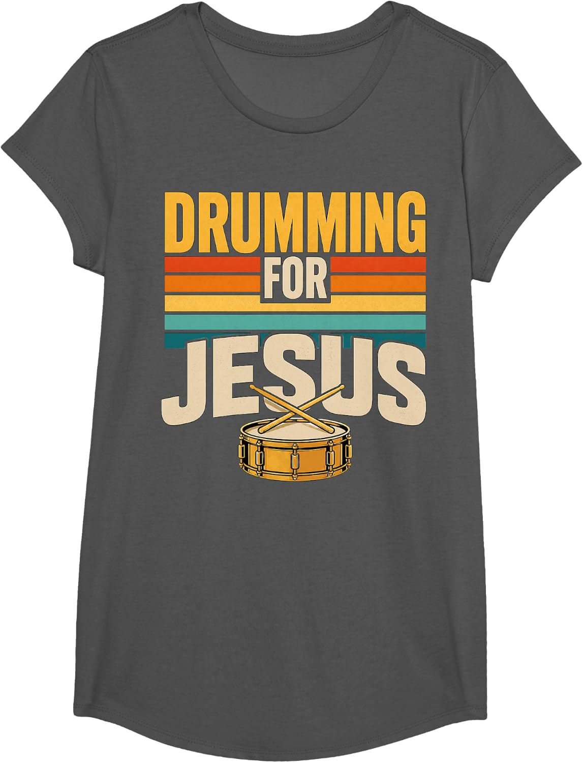 Christian Drummer Jesus Percussion Drum Kit Drumming T-Shirt - Girls Asphalt Grey