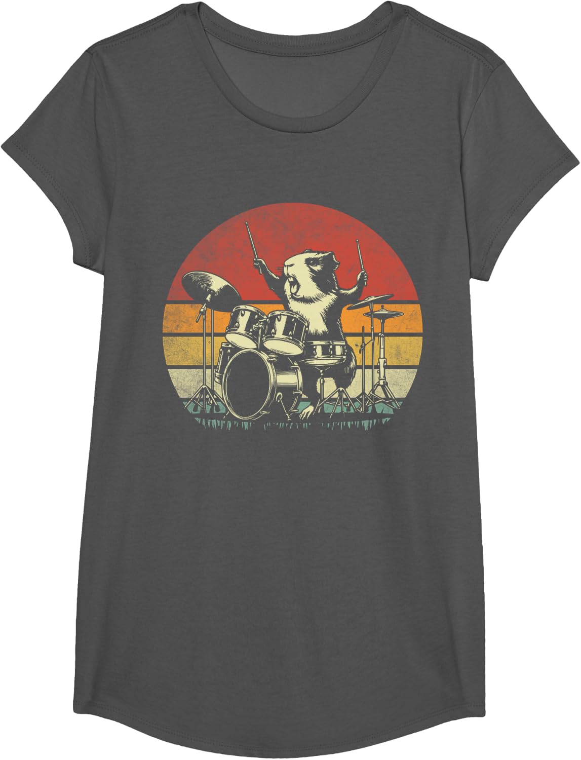 Guinea Pig Drummer Rock Drummer Guinea Pig Playing Drums T-Shirt - Girls Asphalt Grey