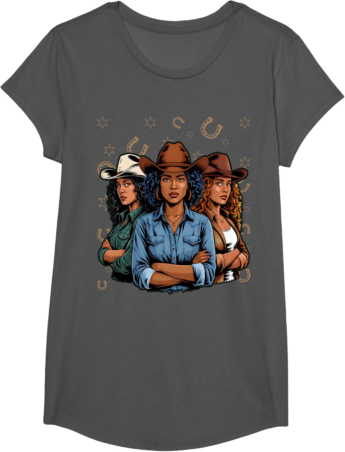 Black Cowgirl Rodeo Melanin T-Shirt - Girls Asphalt Grey