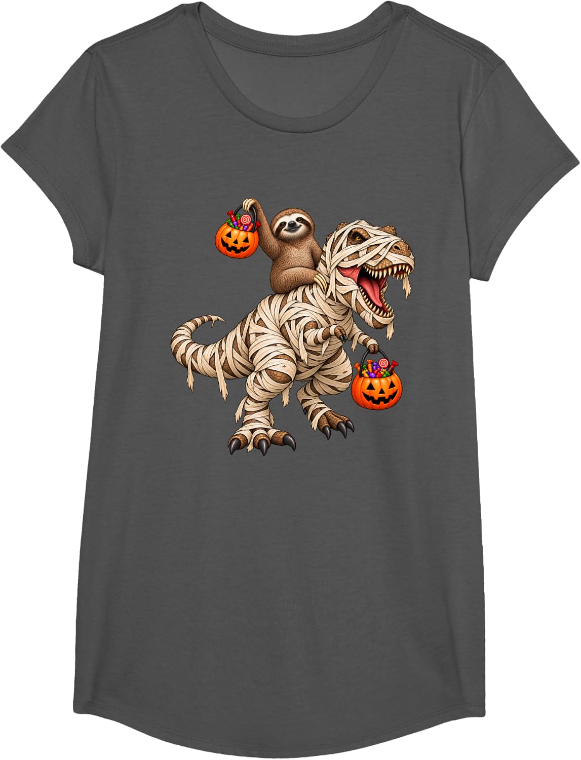 Sloth Riding Mummy T-Rex Dinosaur Funny Halloween T-Shirt - Girls Asphalt Grey