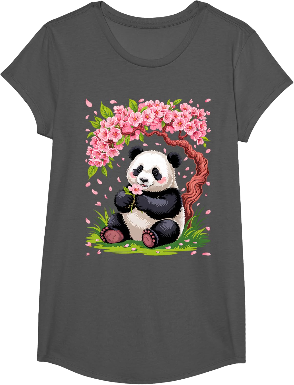Panda Bear Sakura Cherry Blossom Japanese Art Graphic T-Shirt - Girls Asphalt Grey