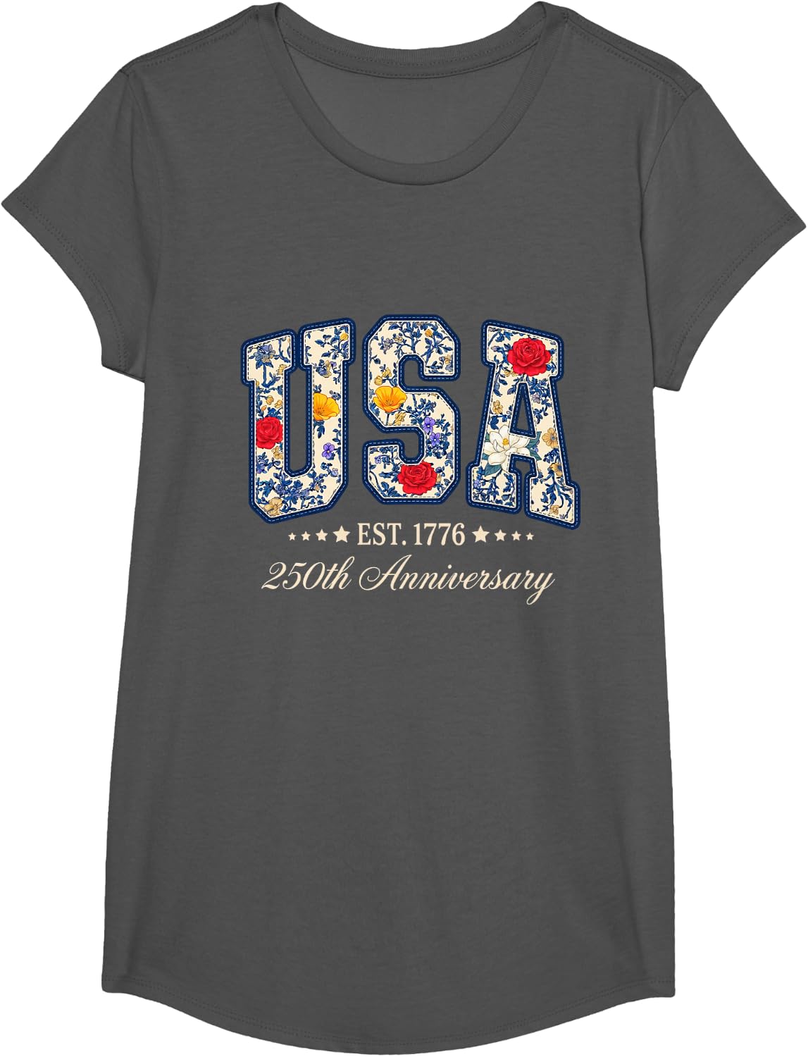 Floral USA 4th of July Patriotic Women 250th Anniversary USA T-Shirt - Girls Asphalt Grey