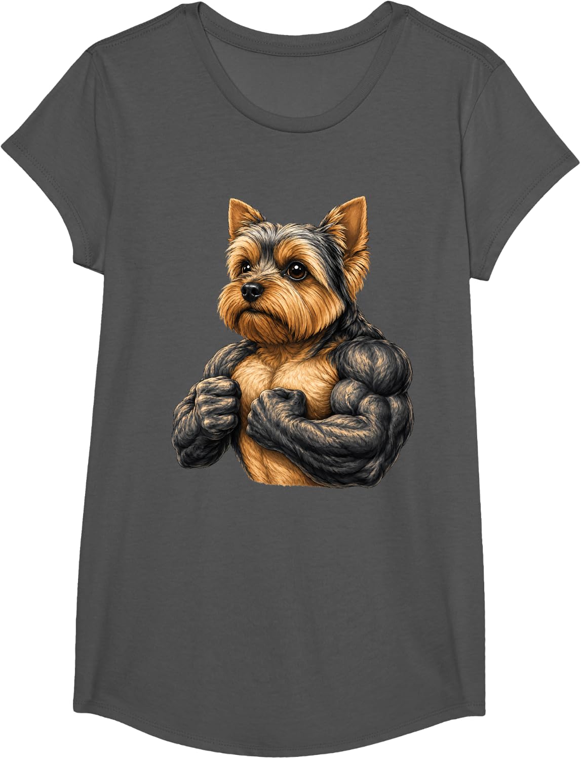 Muscular Yorkshire Terrier Dog Powerlifting Gym Workout T-Shirt - Girls Asphalt Grey