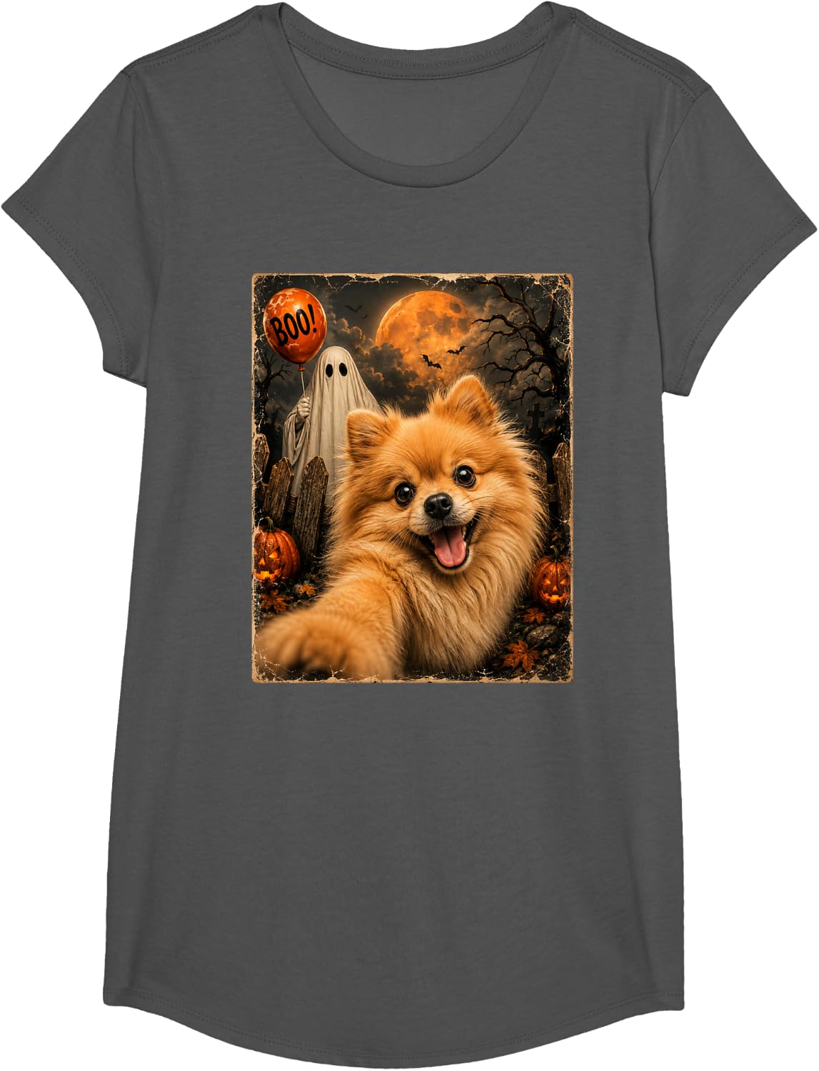 Funny Pomeranian Dog Halloween Costume Ghost Selfie Spooky T-Shirt - Girls Asphalt Grey