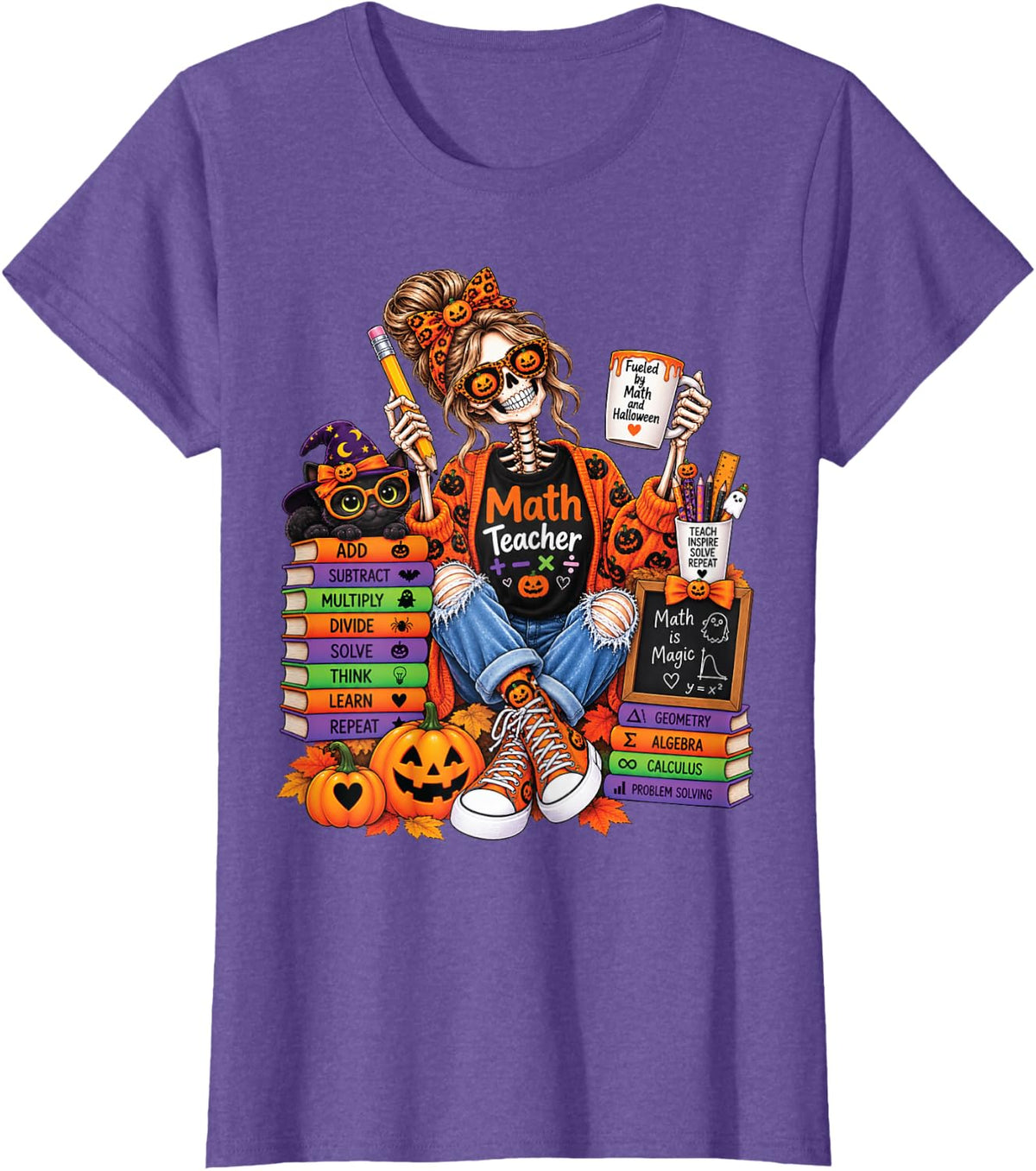 Halloween Math Teacher Skeleton Spooky Mathematics Books T-Shirt - Purple Heather
