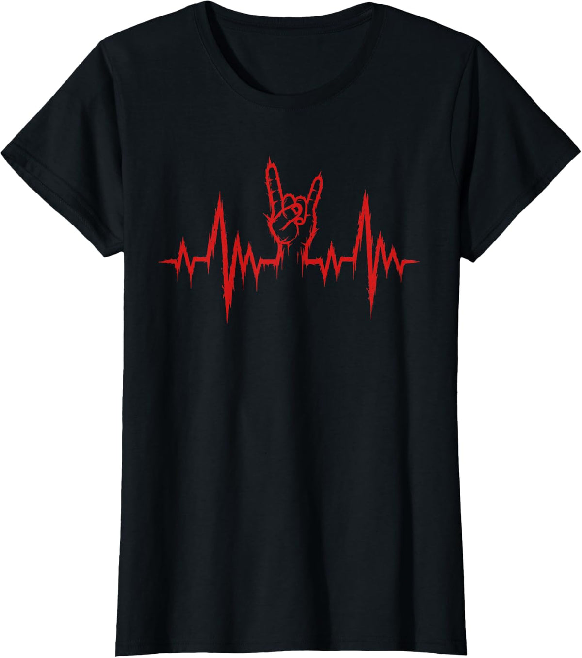 Heavy Metal Heartbeat Rock & Roll Hand Devil Horns T-Shirt - Black