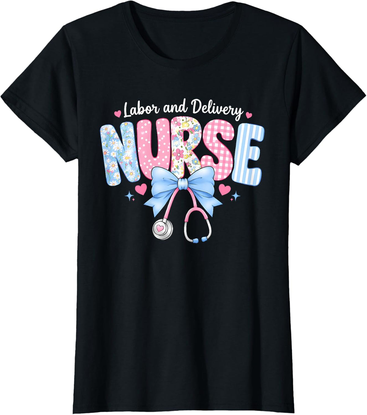 Groovy Labor and Delivery Nurse Stethoscope Bow L&D Nursing T-Shirt - Black